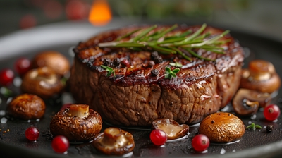 Grilled,Dry-aged,Venison,Steak,With,Roasted,Mushrooms